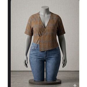ZARA Woman Plaid Stretch Top Size S Brown Mustard Short Sleeve V-Neck Soft Knit